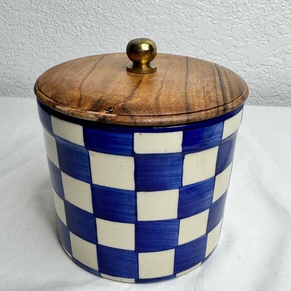 Hand Painted Checker Ceramic Canister w/ Wood Lid Blue & Ivory NEW - Picture 1 of 7